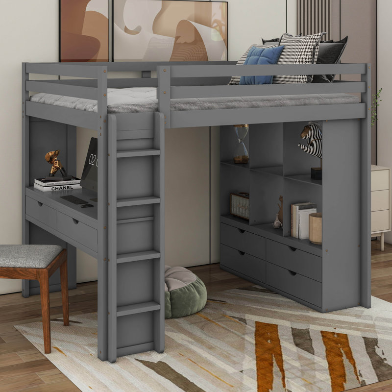 Jeneya Full Size Loft Bed with Large Shelves Writing Desk and LED Light Gray